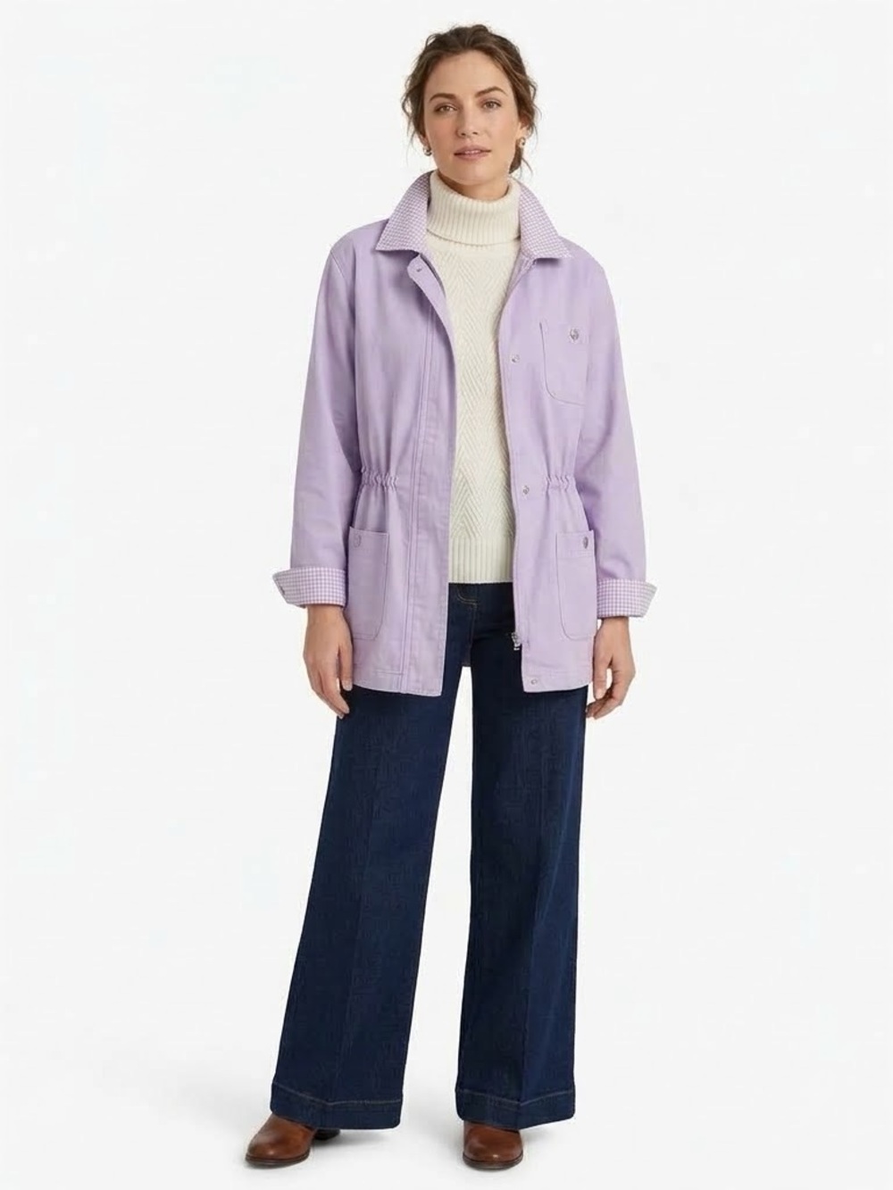 Denim & Co Barn Jacket Womens Large Lavender Purple Gingham Chore Coat NWOT